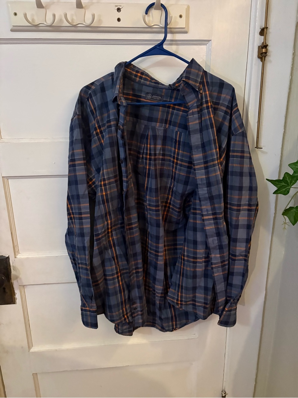 Arrow Men's Blue Plaid Button-Down Shirt with Orange Stripes